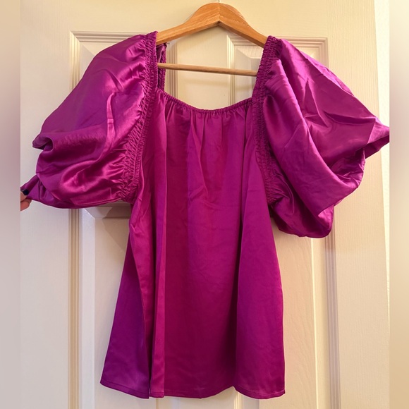 NWT Entro Silky Magenta Purple Puff Sleeve Blouse Square Neck Boutique Boho - Picture 8 of 10